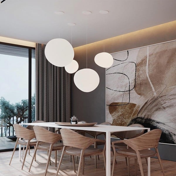 Bianco Latte – Lampada a sospensione in vetro satinato con accenti metallici – per soggiorno e sala da pranzo
