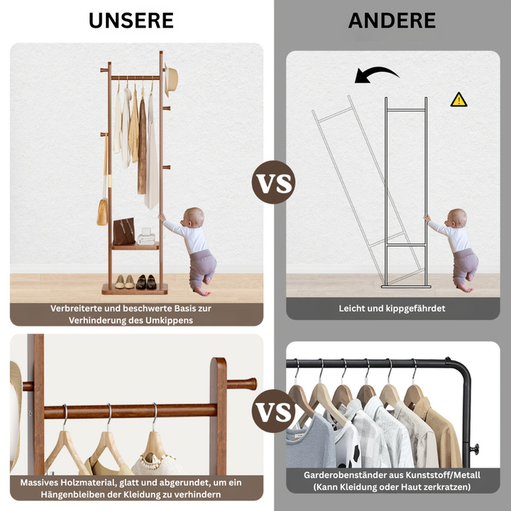 MobilHolz: Appendiabiti in legno – robusto appendiabiti in legno massello con ruote, poggiapiedi e mensole, decorativo per ingresso e camera da letto