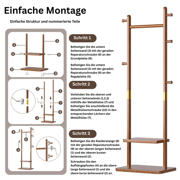 MobilHolz: Appendiabiti in legno – robusto appendiabiti in legno massello con ruote, poggiapiedi e mensole, decorativo per ingresso e camera da letto