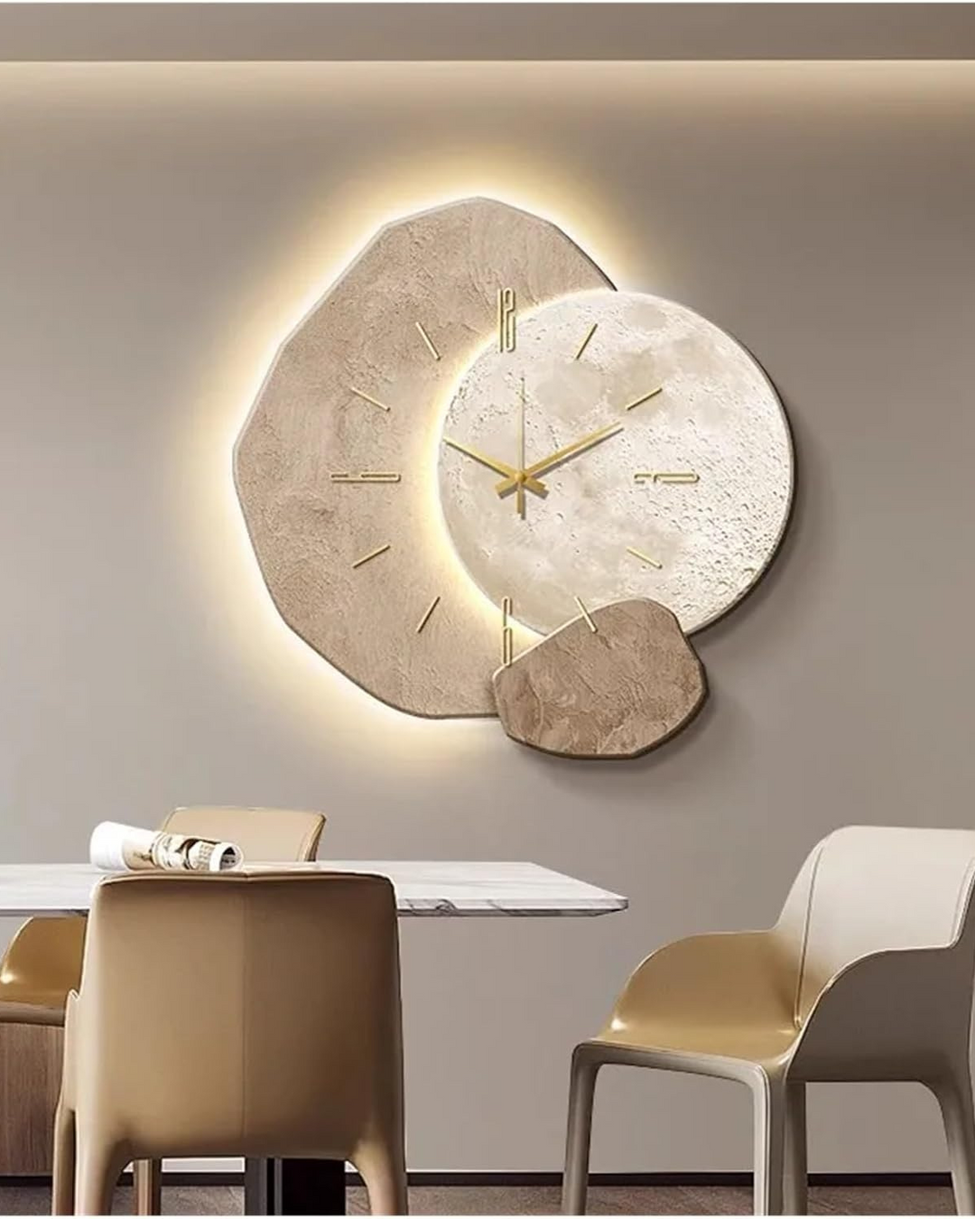 MondGlanz: Orologio da parete LED rotondo – elegante orologio in ceramica cristallina con motivo lunare, per soggiorno e camera da letto