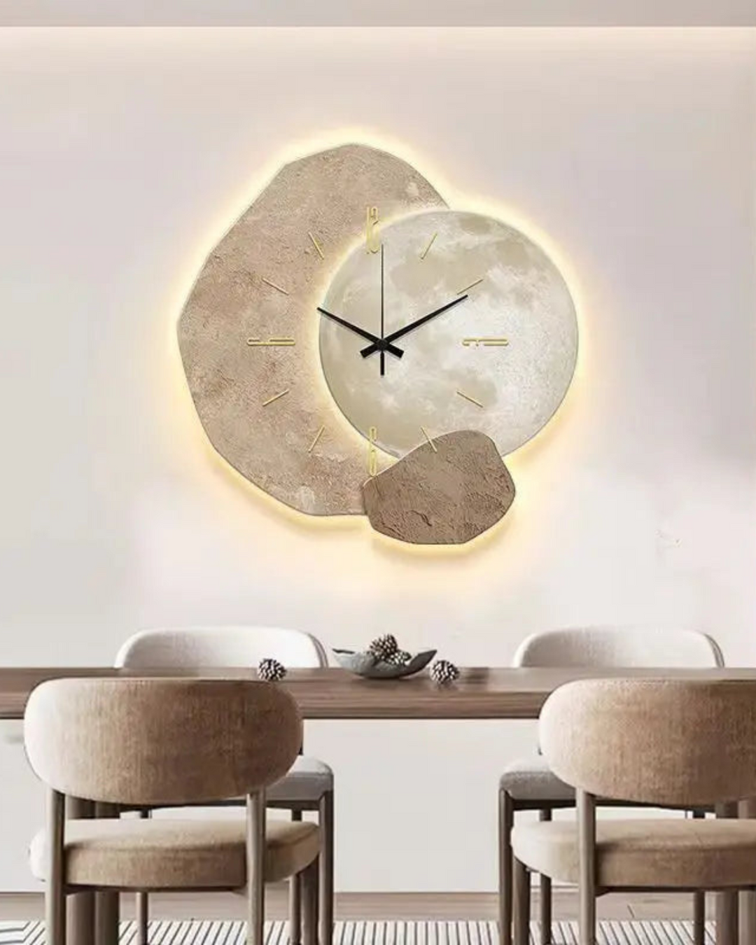 MondGlanz: Orologio da parete LED rotondo – elegante orologio in ceramica cristallina con motivo lunare, per soggiorno e camera da letto