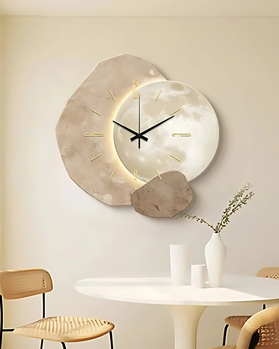 MondGlanz: Orologio da parete LED rotondo – elegante orologio in ceramica cristallina con motivo lunare, per soggiorno e camera da letto