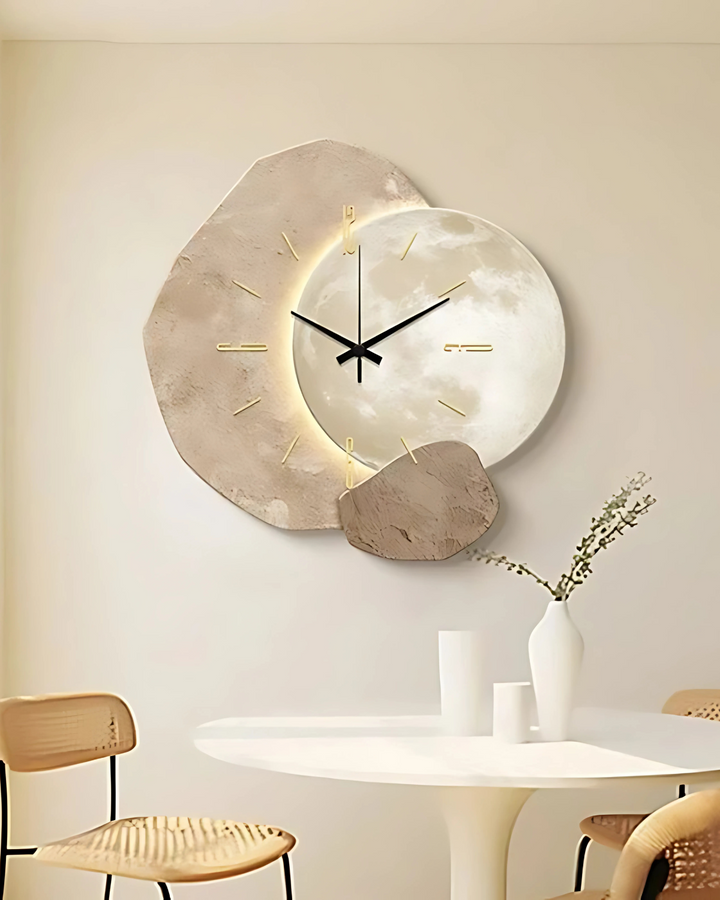 MondGlanz: Orologio da parete LED rotondo – elegante orologio in ceramica cristallina con motivo lunare, per soggiorno e camera da letto
