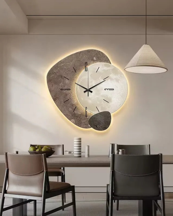 MondGlanz: Orologio da parete LED rotondo – elegante orologio in ceramica cristallina con motivo lunare, per soggiorno e camera da letto