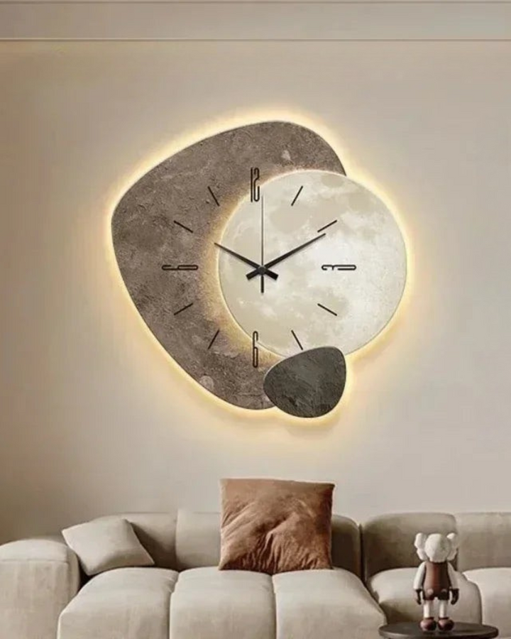 MondGlanz: Orologio da parete LED rotondo – elegante orologio in ceramica cristallina con motivo lunare, per soggiorno e camera da letto
