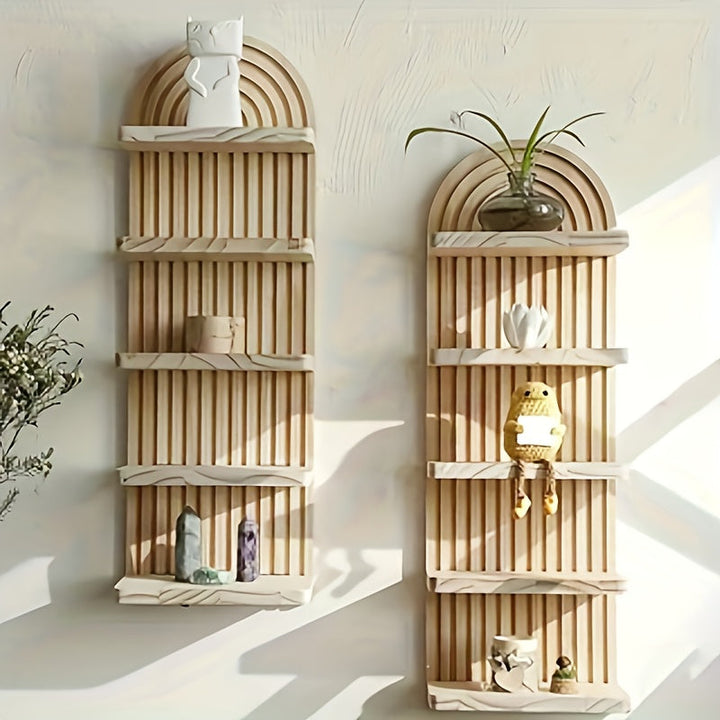 NaturBogen: Mensola decorativa da parete con 3 o 5 ripiani – robusta, salvaspazio e sospesa, in design legno bianco con struttura rigata per bagno e cucina