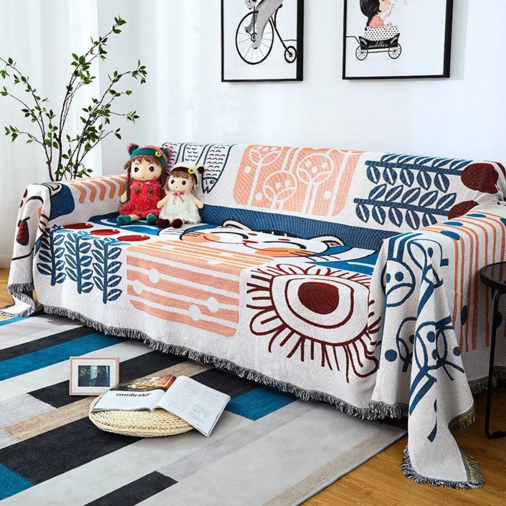 NaturFransen: Copertura per divano in elegante cotone-lino con frange decorative e protezione resistente – per divano e camera da letto