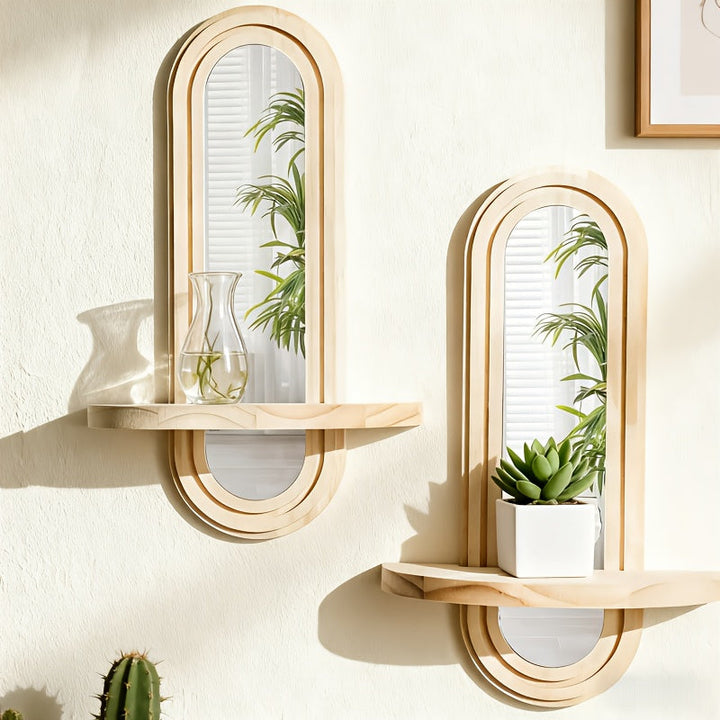NatürlicherReflex: Mensole da parete in legno – salvaspazio, eleganti e sospese nel design nordico con specchio per soggiorno e studio