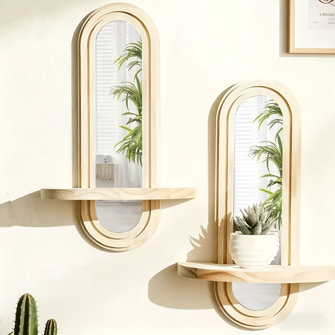 NatürlicherReflex: Mensole da parete in legno – salvaspazio, eleganti e sospese nel design nordico con specchio per soggiorno e studio
