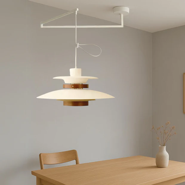 MerceroLux: Lampada a sospensione in alluminio e legno con 4 paralumi mobili e attacco E27 – per zona pranzo e camera dei bambini