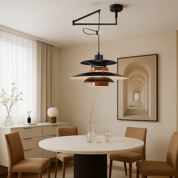 MerceroLux: Lampada a sospensione in alluminio e legno con 4 paralumi mobili e attacco E27 – per zona pranzo e camera dei bambini