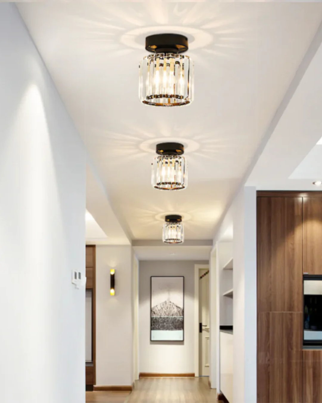 NoireLuxe: Lampada da soffitto moderna nera con paralume in vetro sfaccettato e luce bianca calda – per sala da pranzo e corridoio