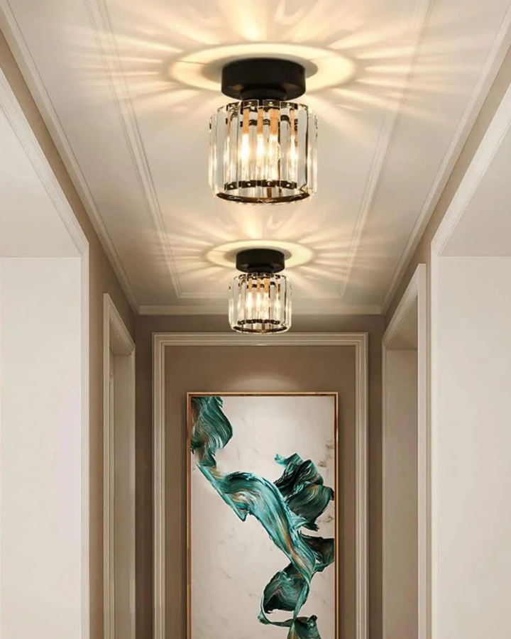 NoireLuxe: Lampada da soffitto moderna nera con paralume in vetro sfaccettato e luce bianca calda – per sala da pranzo e corridoio