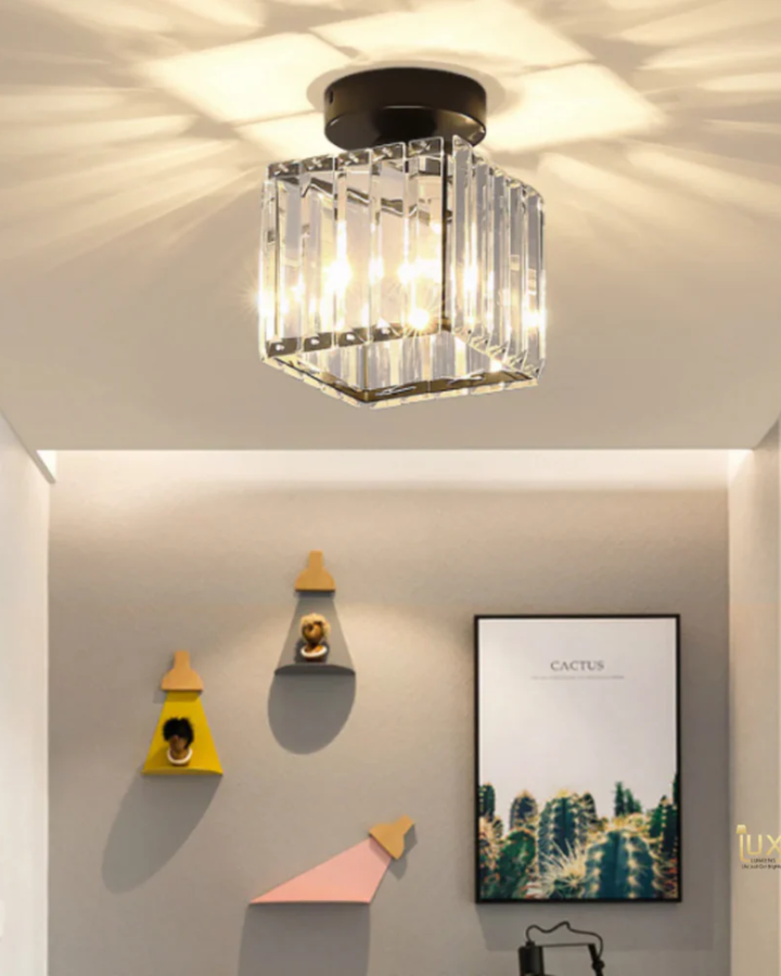 NoireLuxe: Lampada da soffitto moderna nera con paralume in vetro sfaccettato e luce bianca calda – per sala da pranzo e corridoio