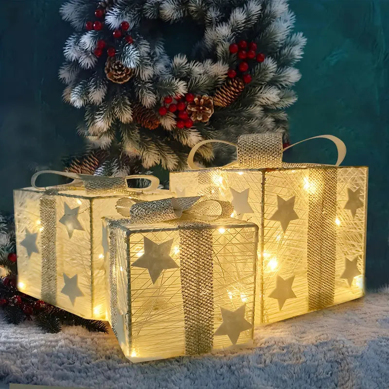 NordiGlow: Set di 3 Scatole Regalo LED – Decorazioni Natalizie Illuminate per Interni ed Esterni