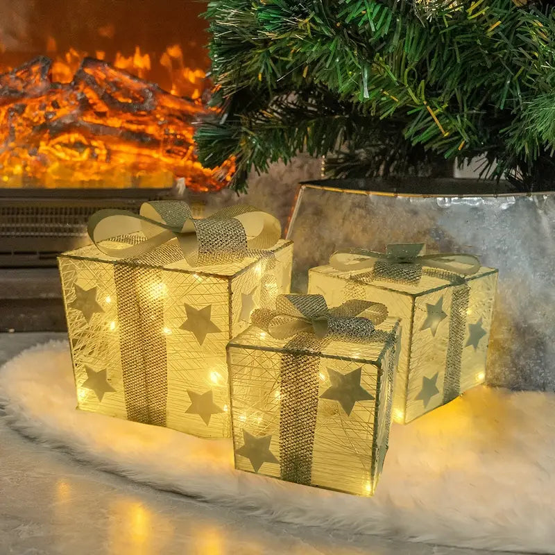 NordiGlow: Set di 3 Scatole Regalo LED – Decorazioni Natalizie Illuminate per Interni ed Esterni