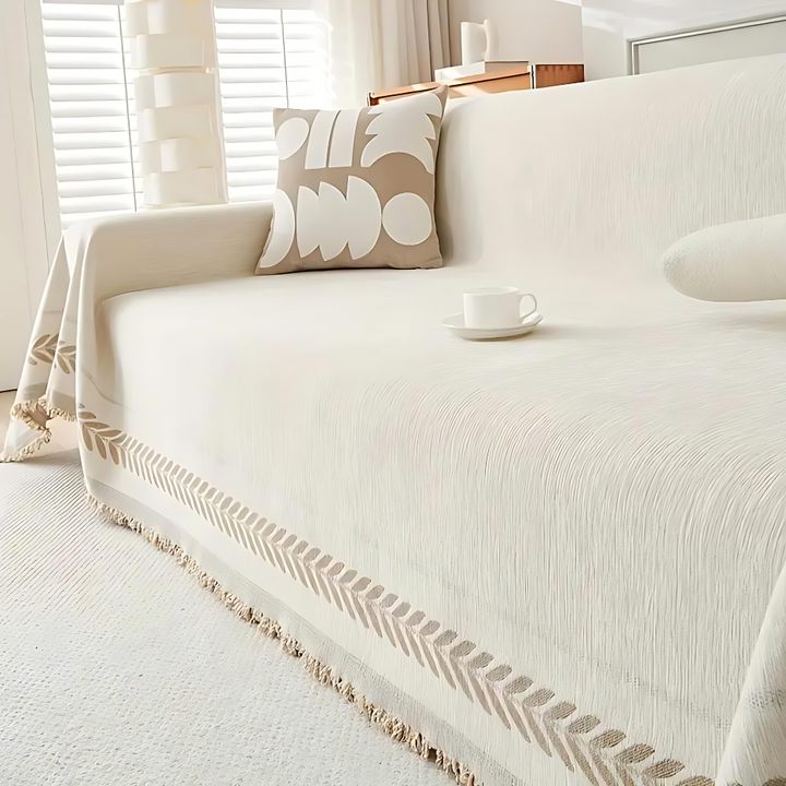 OasenRuhe: Copriletto in Chenille-Cotone con motivo Jacquard e frange rustiche – per divano e soggiorno