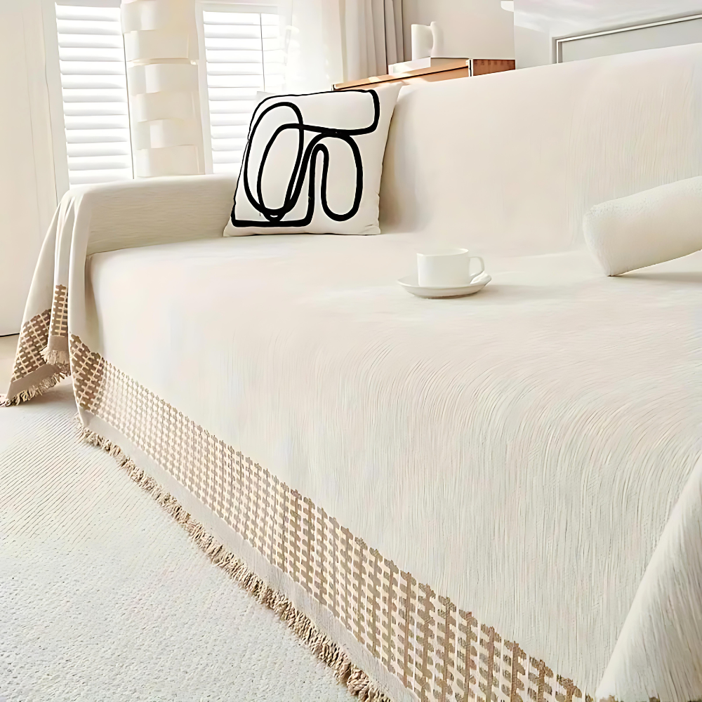 OasenRuhe: Copriletto in Chenille-Cotone con motivo Jacquard e frange rustiche – per divano e soggiorno