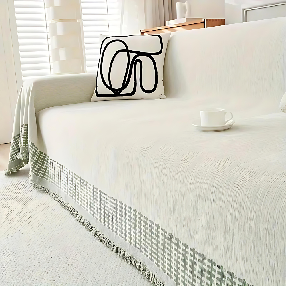 OasenRuhe: Copriletto in Chenille-Cotone con motivo Jacquard e frange rustiche – per divano e soggiorno