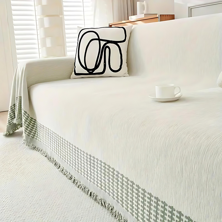OasenRuhe: Copriletto in Chenille-Cotone con motivo Jacquard e frange rustiche – per divano e soggiorno