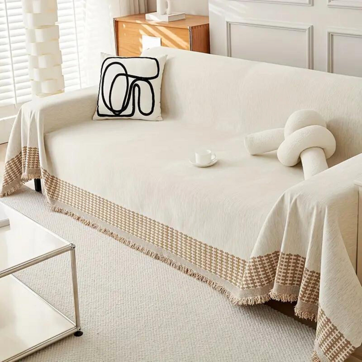 OasenRuhe: Copriletto in Chenille-Cotone con motivo Jacquard e frange rustiche – per divano e soggiorno