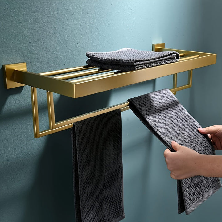 OberesRegal: Porta asciugamani per il bagno – supporto in metallo multifunzionale da parete con ripiano, decorativo e salvaspazio