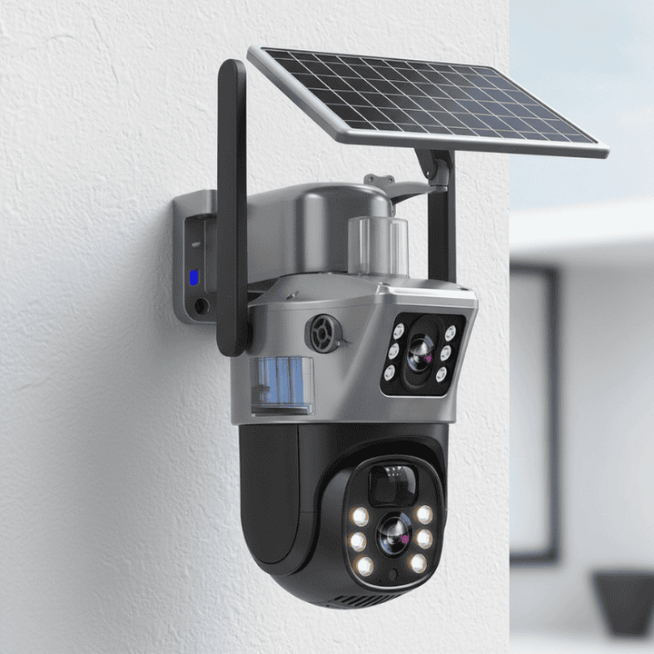 DUALGUARD CAM – Telecamera di Sicurezza Wireless 4K con Pannello Solare e Vista Panoramica a 360°