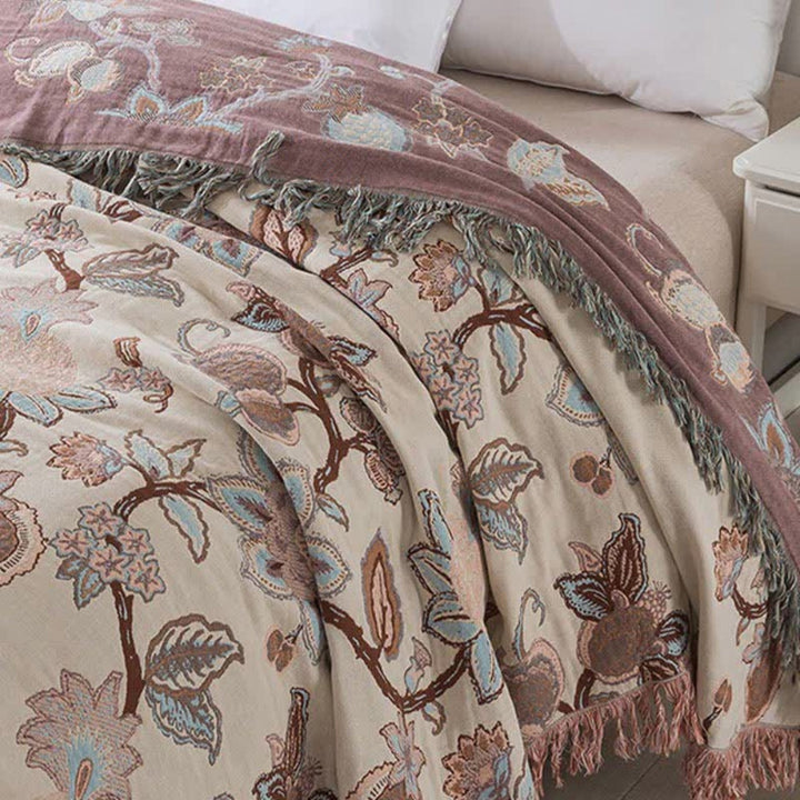 Orchideenpfad: Elegante coperta in cotone con motivo floreale Jacquard e frange – per camera da letto e soggiorno