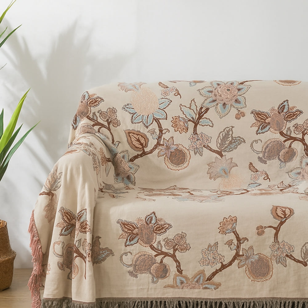 Orchideenpfad: Elegante coperta in cotone con motivo floreale Jacquard e frange – per camera da letto e soggiorno