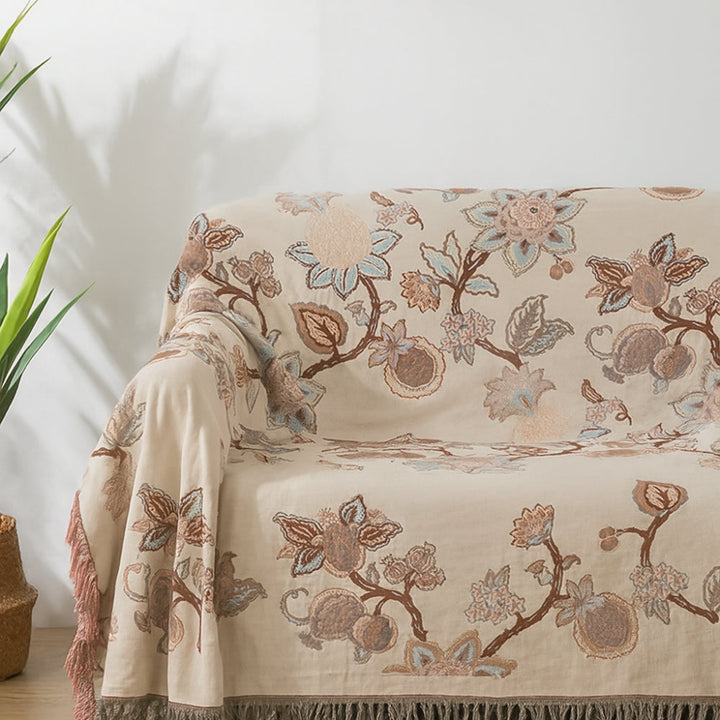 Orchideenpfad: Elegante coperta in cotone con motivo floreale Jacquard e frange – per camera da letto e soggiorno