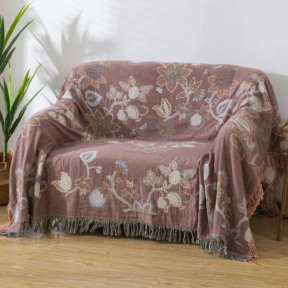 Orchideenpfad: Elegante coperta in cotone con motivo floreale Jacquard e frange – per camera da letto e soggiorno