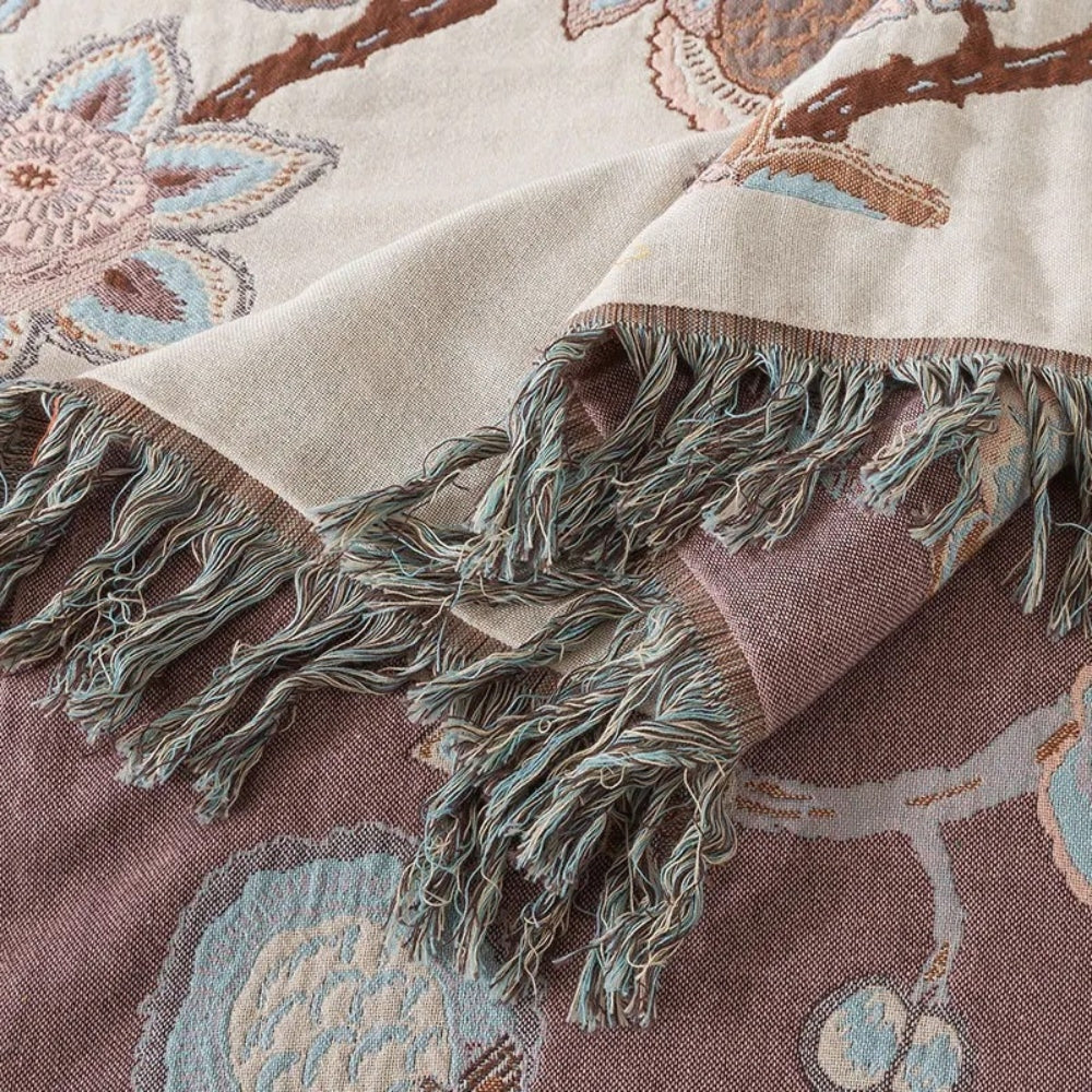 Orchideenpfad: Elegante coperta in cotone con motivo floreale Jacquard e frange – per camera da letto e soggiorno
