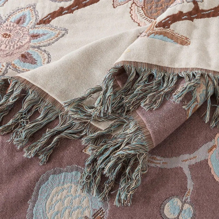 Orchideenpfad: Elegante coperta in cotone con motivo floreale Jacquard e frange – per camera da letto e soggiorno