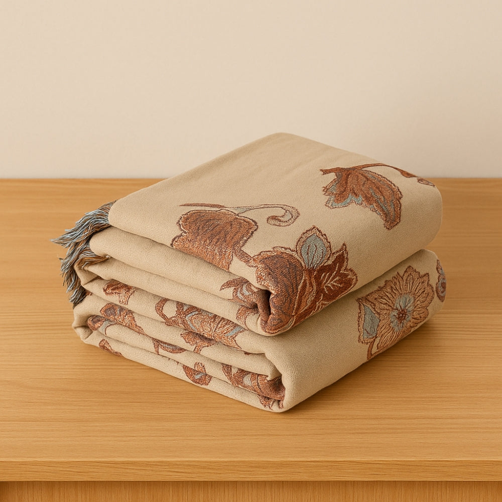 Orchideenpfad: Elegante coperta in cotone con motivo floreale Jacquard e frange – per camera da letto e soggiorno