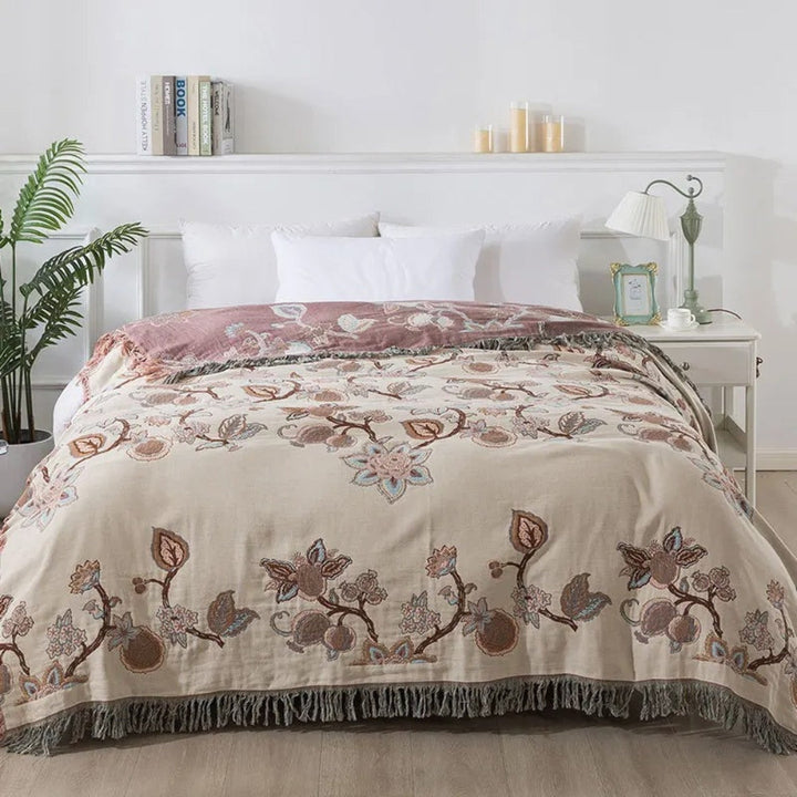 Orchideenpfad: Elegante coperta in cotone con motivo floreale Jacquard e frange – per camera da letto e soggiorno