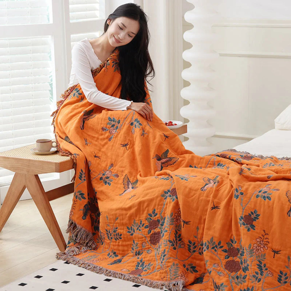 Orna-Webstuhl: Coperta in cotone a più strati con motivo Jacquard e bordo con frange – per divano e camera da letto