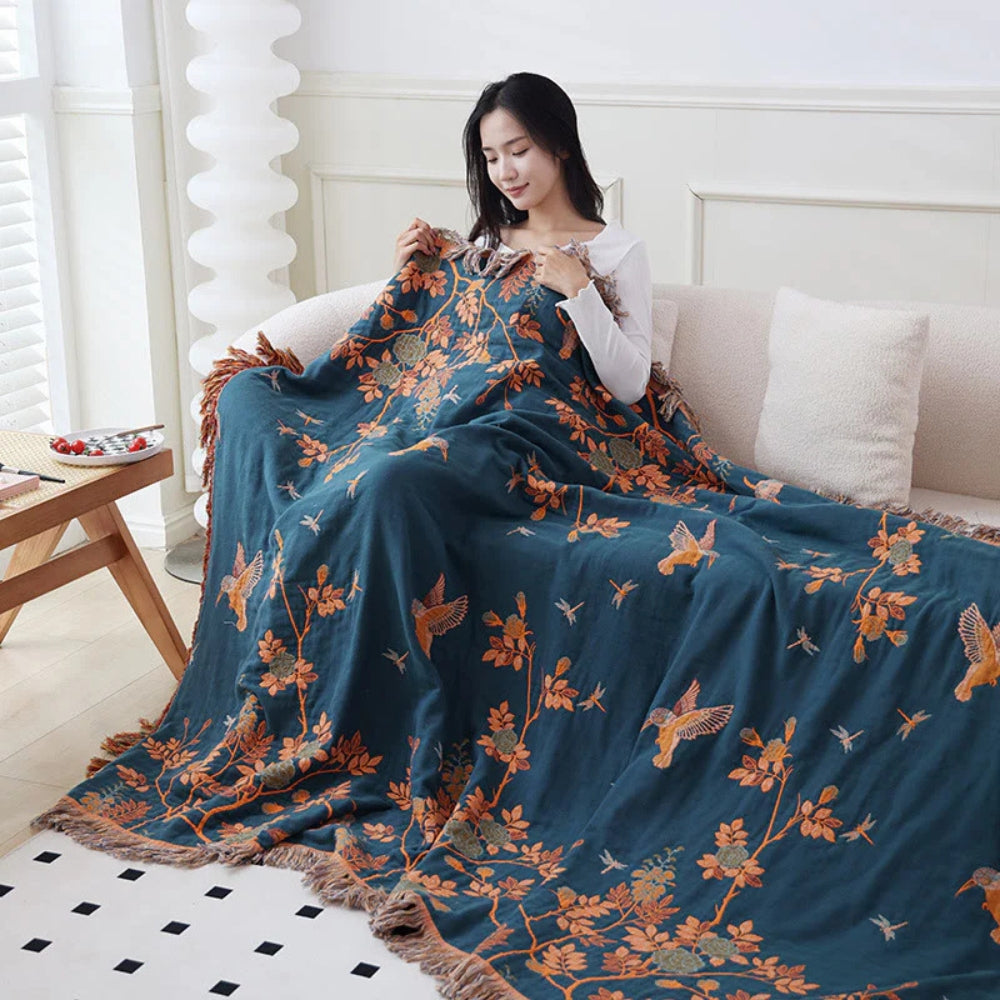 Orna-Webstuhl: Coperta in cotone a più strati con motivo Jacquard e bordo con frange – per divano e camera da letto