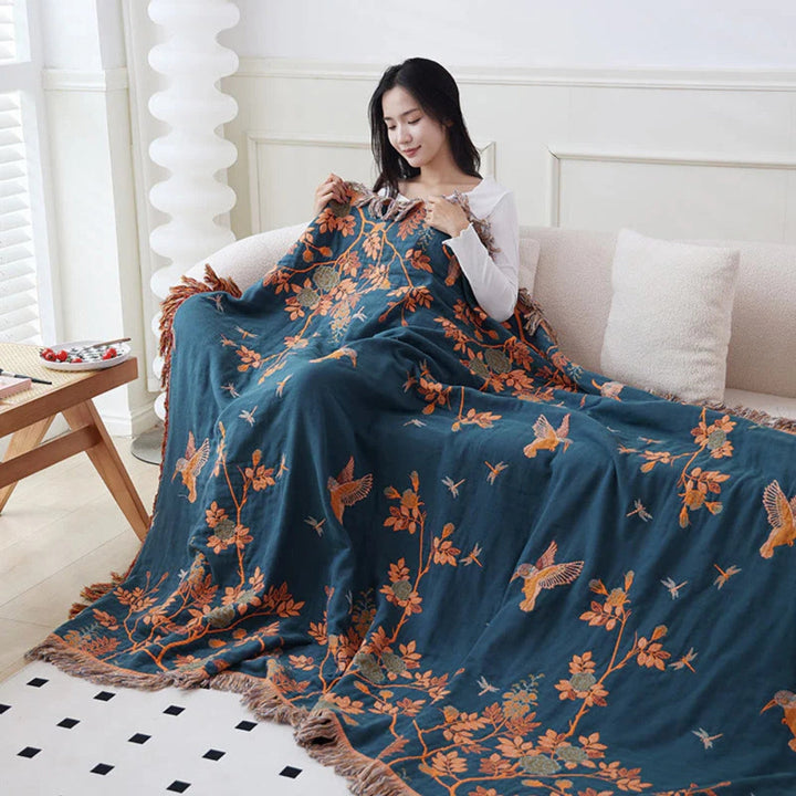 Orna-Webstuhl: Coperta in cotone a più strati con motivo Jacquard e bordo con frange – per divano e camera da letto
