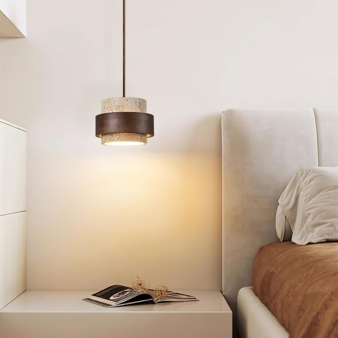 Perra: Lampada a sospensione in travertino e legno di noce – per sala da pranzo e soggiorno