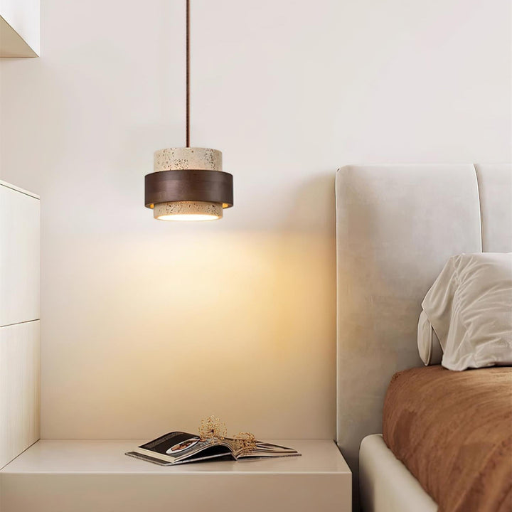 Perra: Lampada a sospensione in travertino e legno di noce – per sala da pranzo e soggiorno