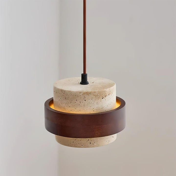 Perra: Lampada a sospensione in travertino e legno di noce – per sala da pranzo e soggiorno