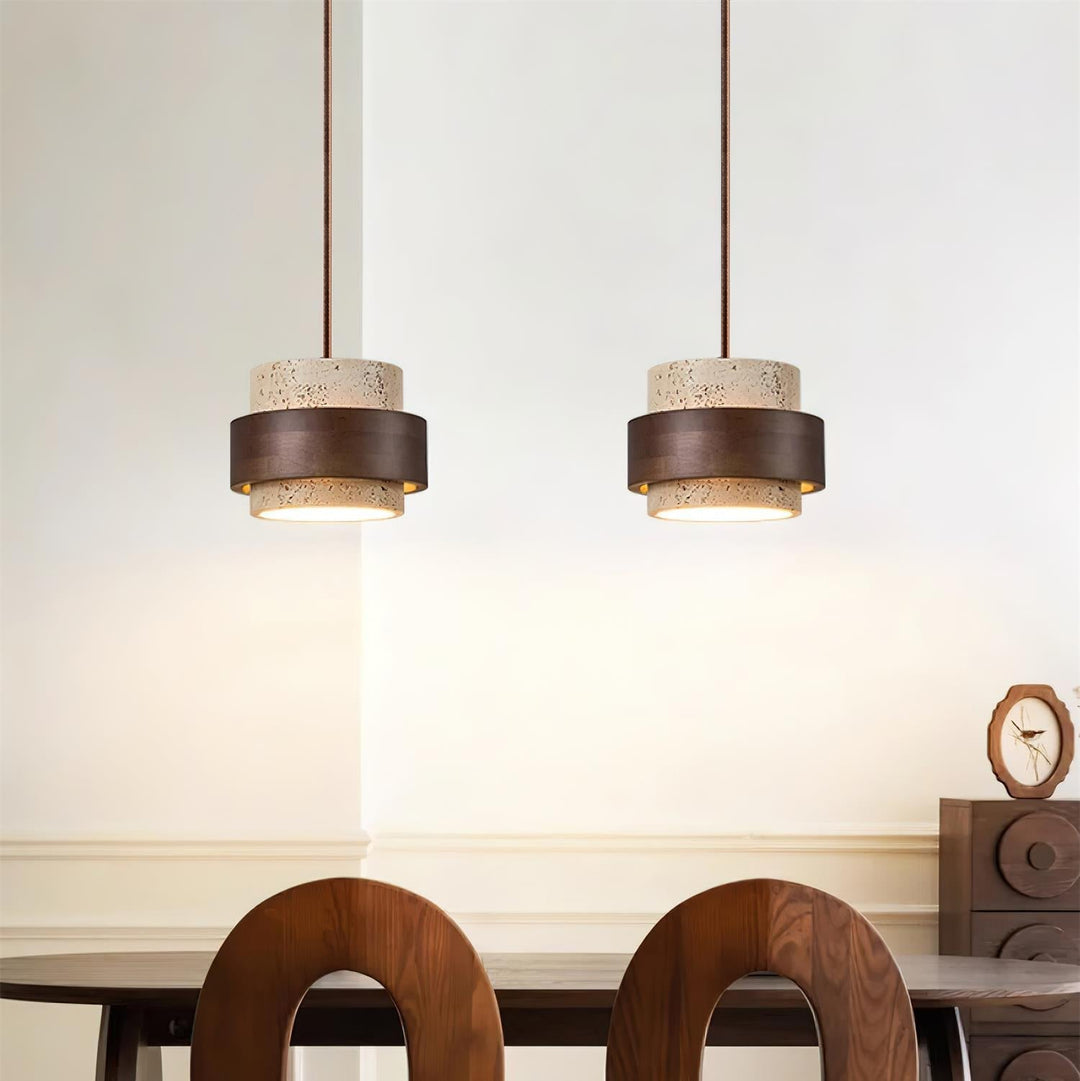 Perra: Lampada a sospensione in travertino e legno di noce – per sala da pranzo e soggiorno