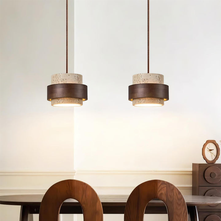 Perra: Lampada a sospensione in travertino e legno di noce – per sala da pranzo e soggiorno
