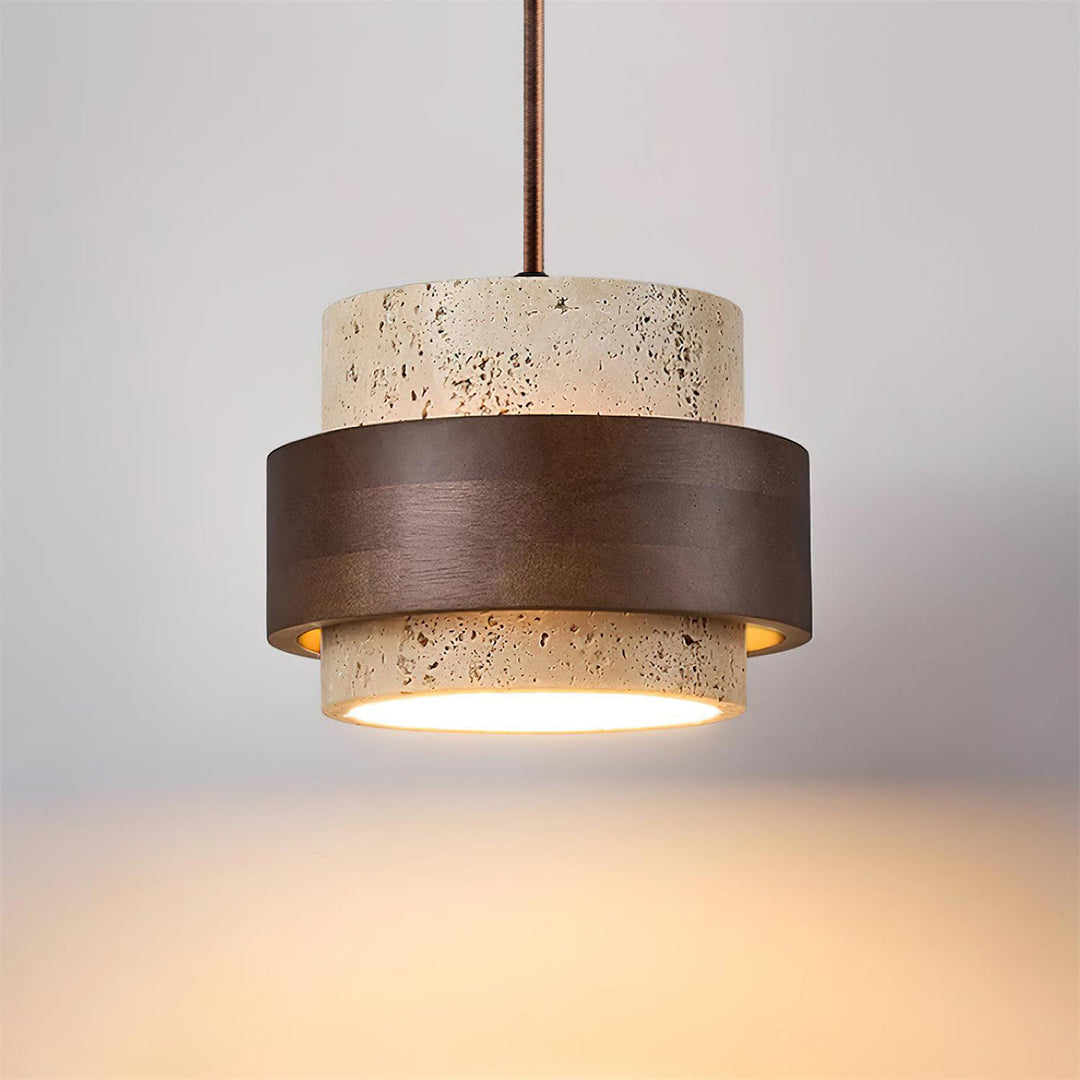 Perra: Lampada a sospensione in travertino e legno di noce – per sala da pranzo e soggiorno