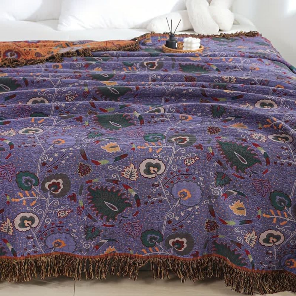 Telaio di Pavo: Coperta in cotone con motivo di pavone e frange decorative – per divano e camera da letto