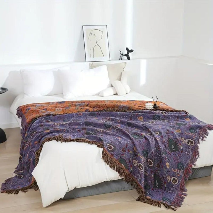 Telaio di Pavo: Coperta in cotone con motivo di pavone e frange decorative – per divano e camera da letto
