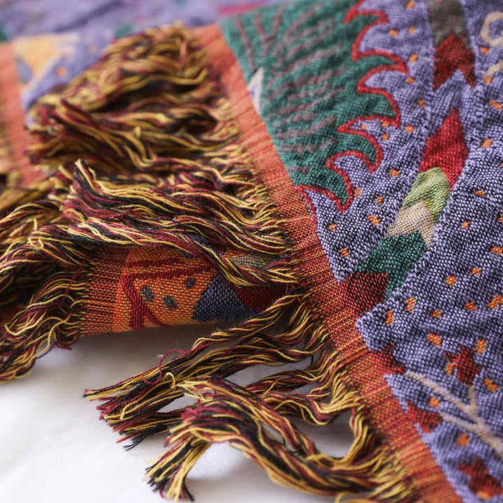Telaio di Pavo: Coperta in cotone con motivo di pavone e frange decorative – per divano e camera da letto
