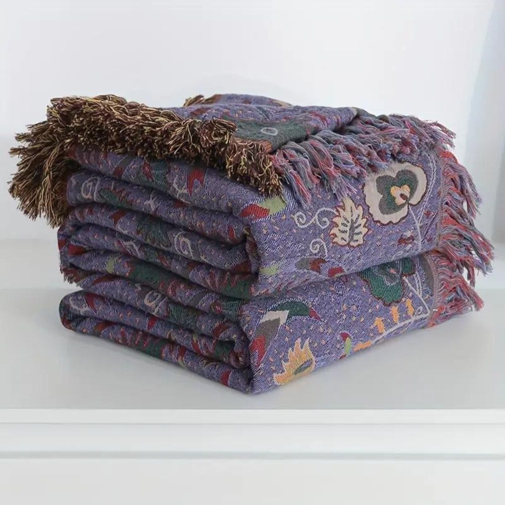 Telaio di Pavo: Coperta in cotone con motivo di pavone e frange decorative – per divano e camera da letto