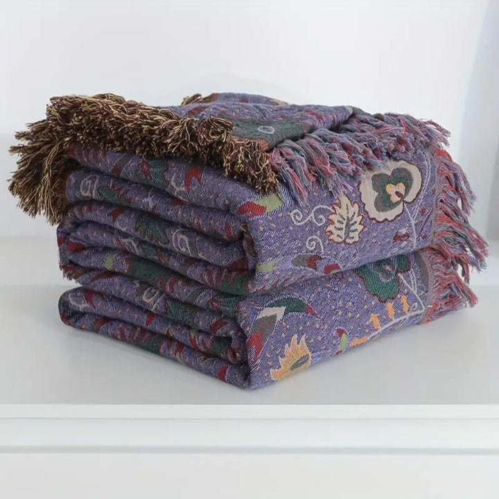 Telaio di Pavo: Coperta in cotone con motivo di pavone e frange decorative – per divano e camera da letto