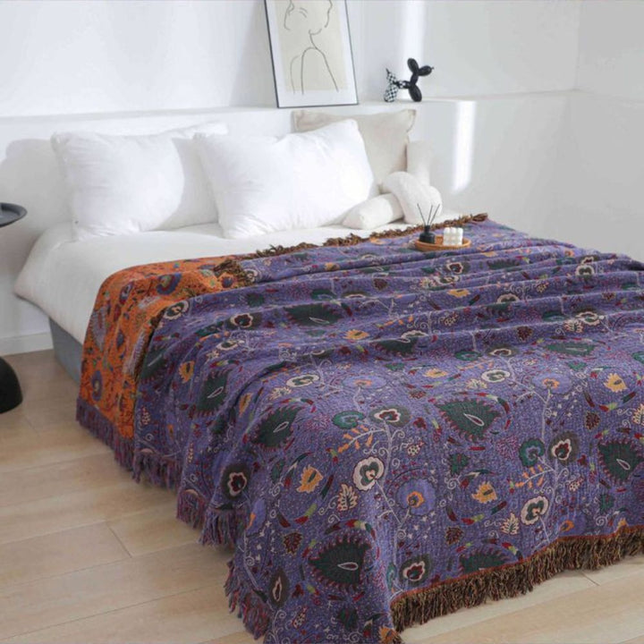Telaio di Pavo: Coperta in cotone con motivo di pavone e frange decorative – per divano e camera da letto